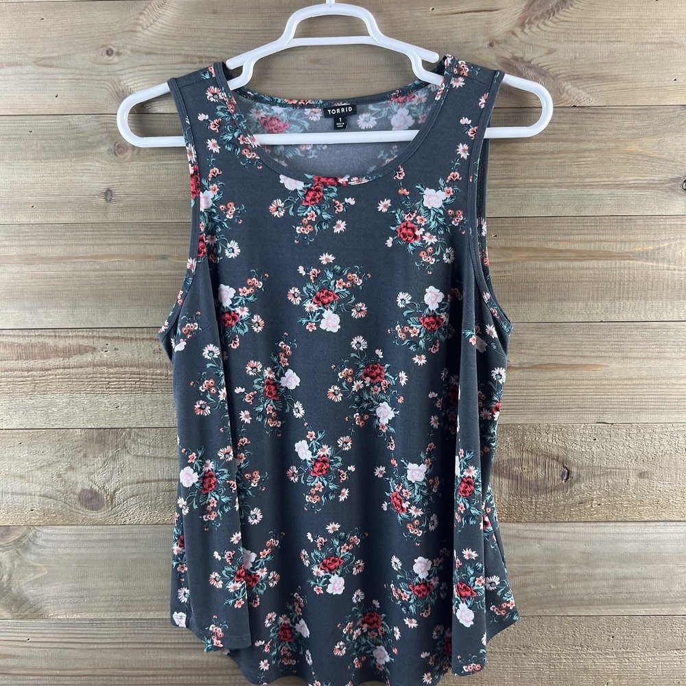 Torrid Womens Tank Top Sleeveless Floral Stretchy Gray Boho Size 1X